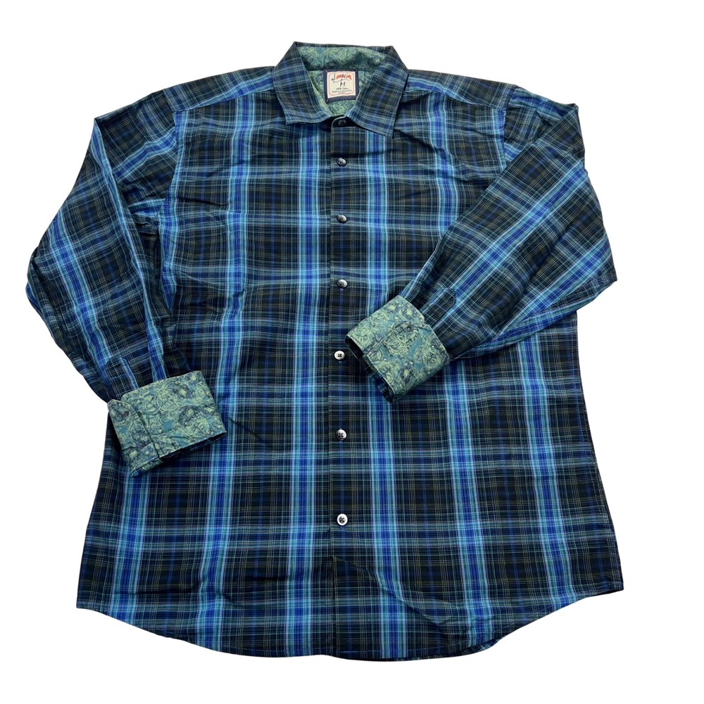 J Garcia Mens Blue Plaid‎ Button Down Shirt Flip Cuffs Size Medium Cotton L/S